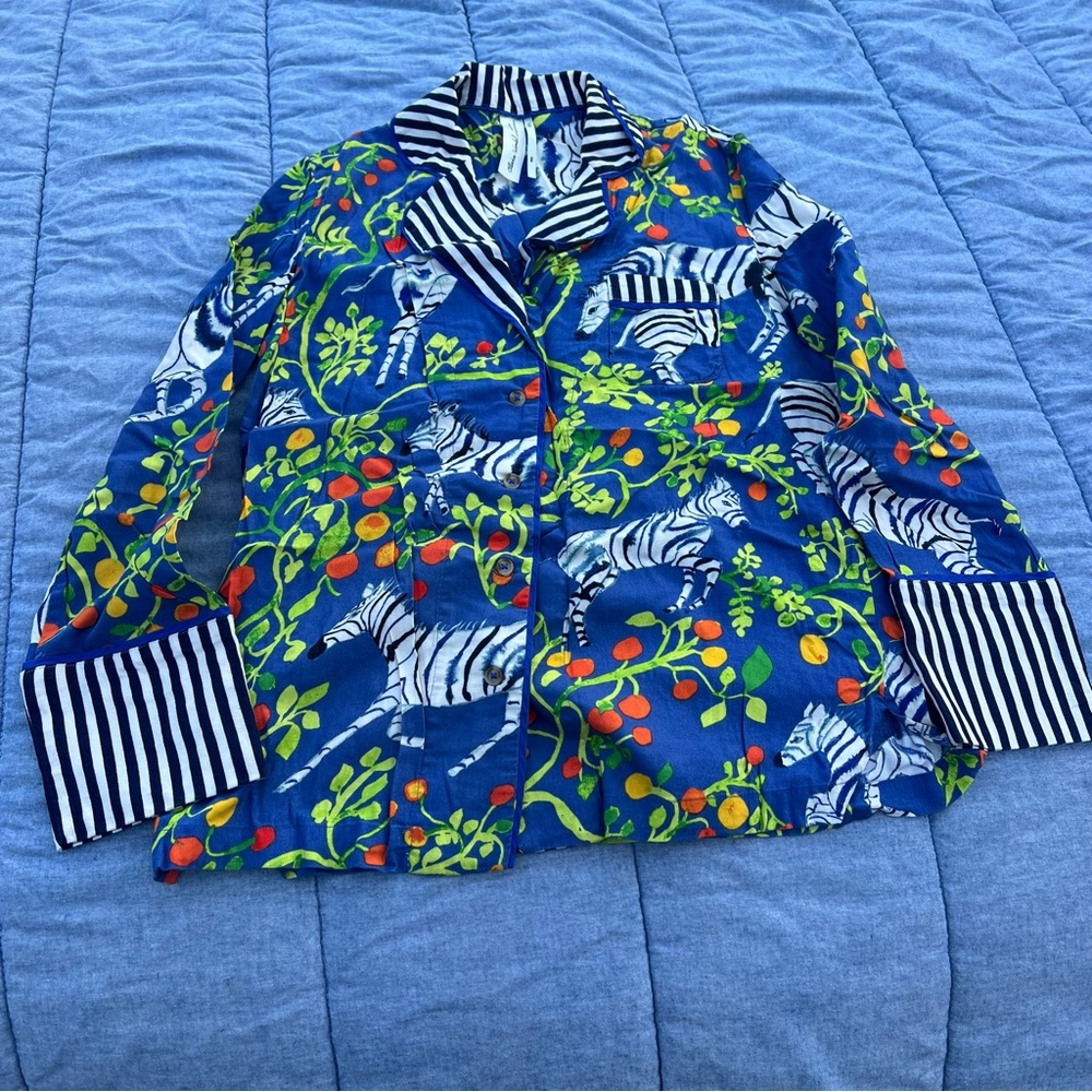 Olivia Wendel Anthropologie Blue Zebra Fruit Print Flannel Pajama Top Size XXS